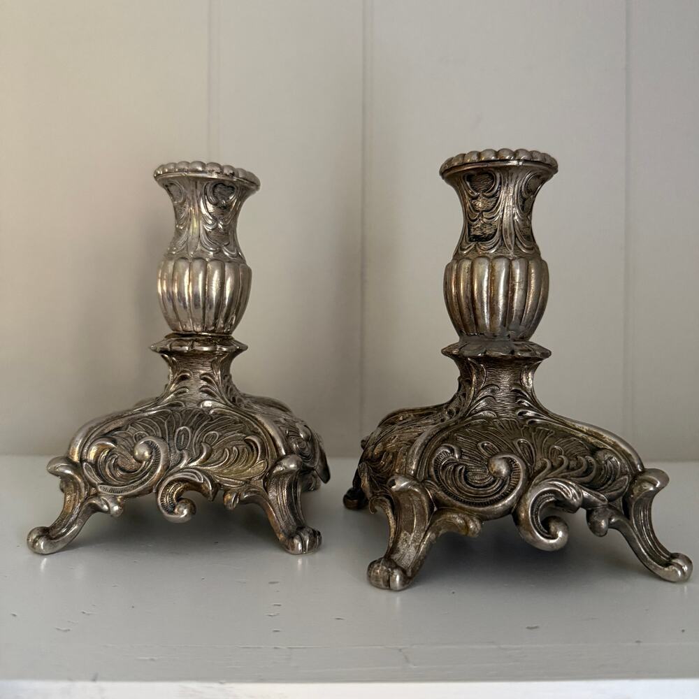 Set of 2 Vintage Silver Tone Gothic Baroque Taper Candle Holders Heavy
